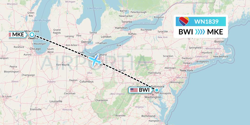 WN1839 Southwest Airlines Flight Map: Baltimore to Milwaukee