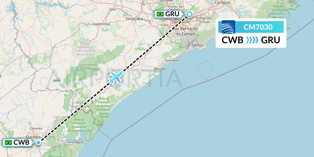 CM7030 Copa Airlines Flight Map: Curitiba to Sao Paulo