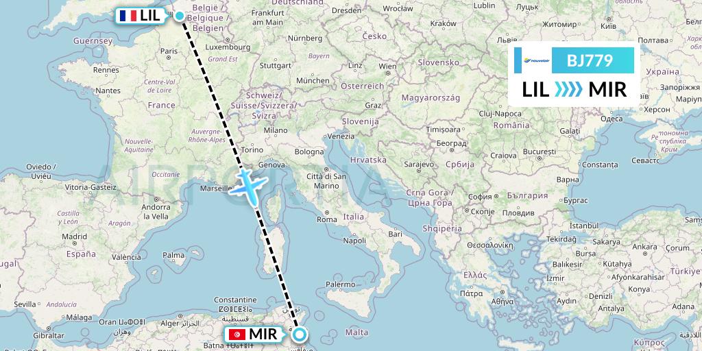 BJ779 Nouvelair Tunisie Flight Map: Lille to Monastir