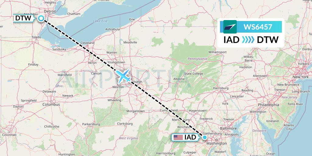 WS6457 WestJet Flight Map: Washington to Detroit