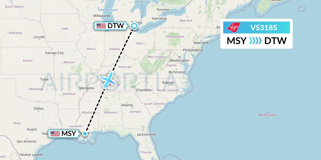VS3185 Virgin Atlantic Airways Flight Map: New Orleans to Detroit