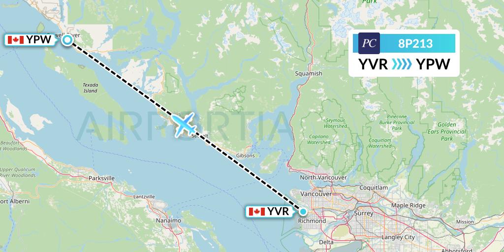 8P213 Pacific Coastal Airlines Flight Map: Vancouver to Powell River