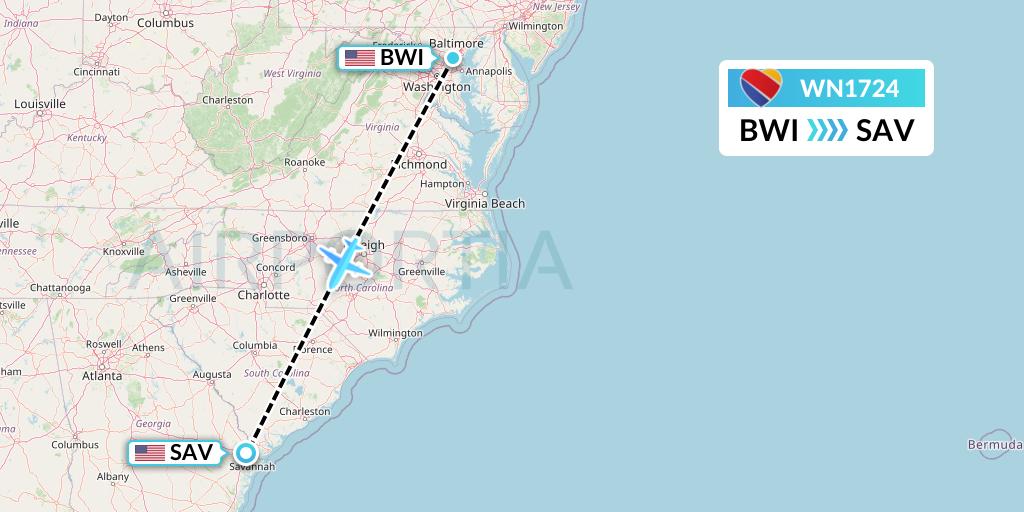 WN1724 Southwest Airlines Flight Map: Baltimore to Savannah