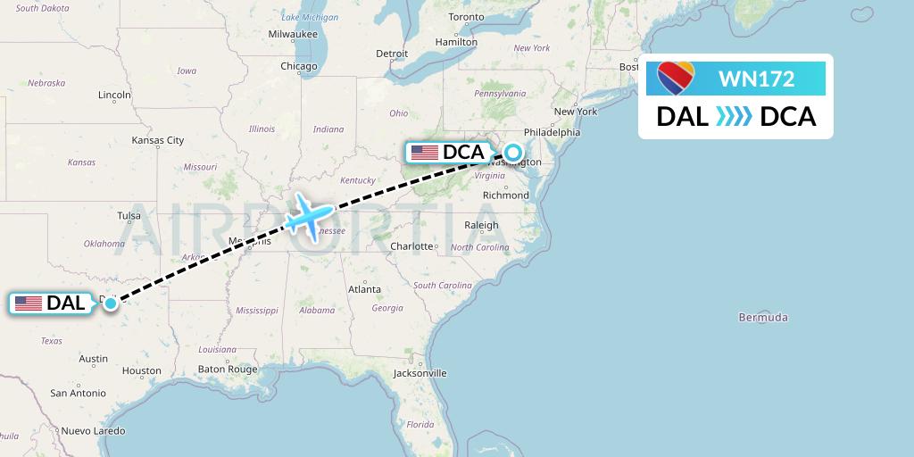 WN172 Southwest Airlines Flight Map: Dallas to Washington