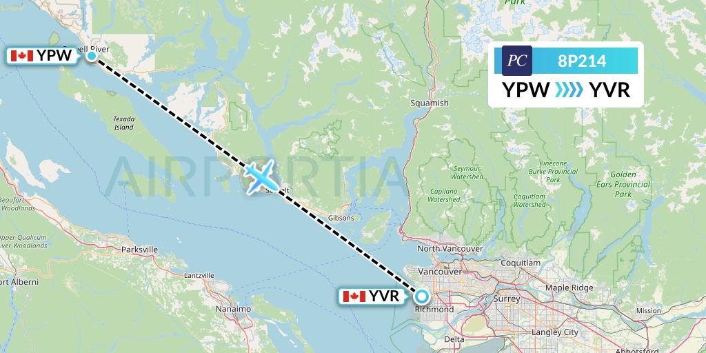 8P214 Pacific Coastal Airlines Flight Map: Powell River to Vancouver