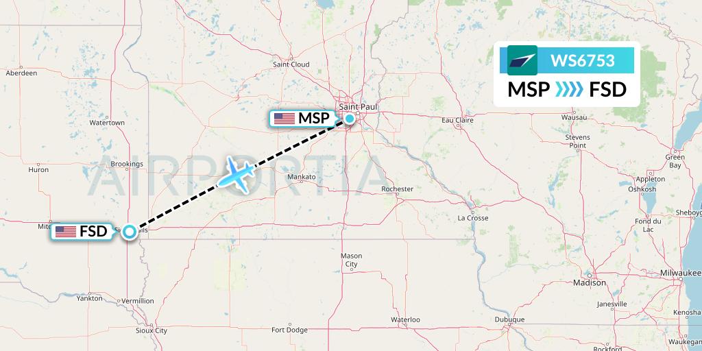 WS6753 WestJet Flight Map: Minneapolis to Sioux Falls