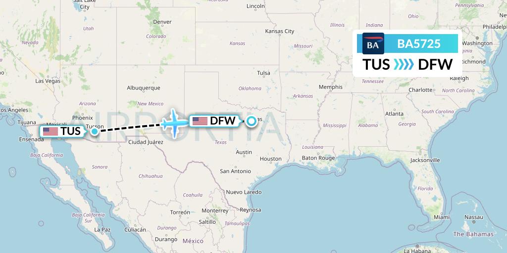 BA5725 British Airways Flight Map: Tucson to Dallas