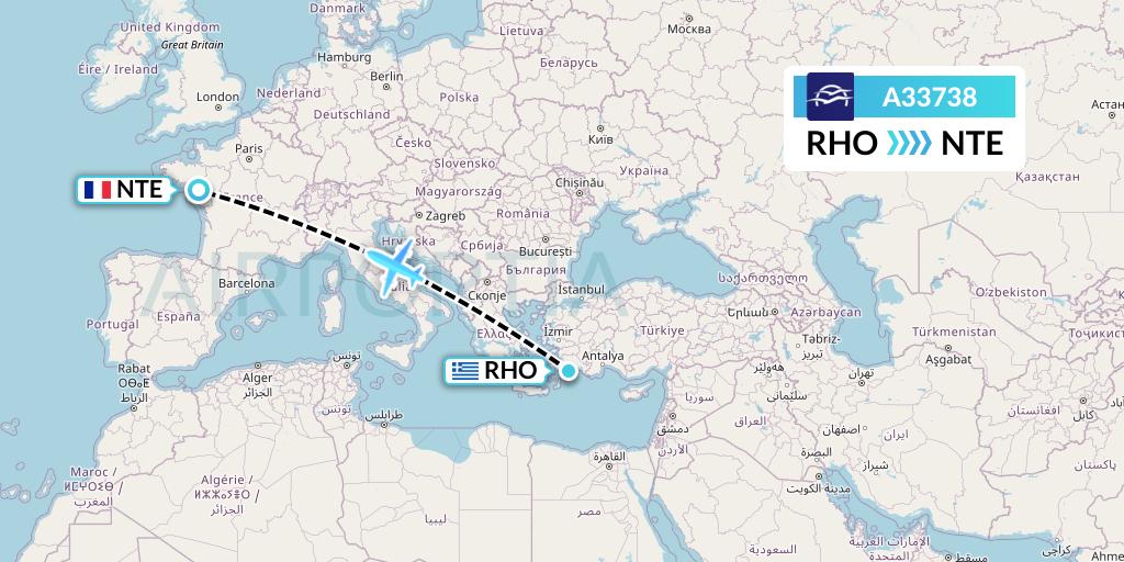 A33738 Aegean Airlines Flight Map: Rhodes to Nantes