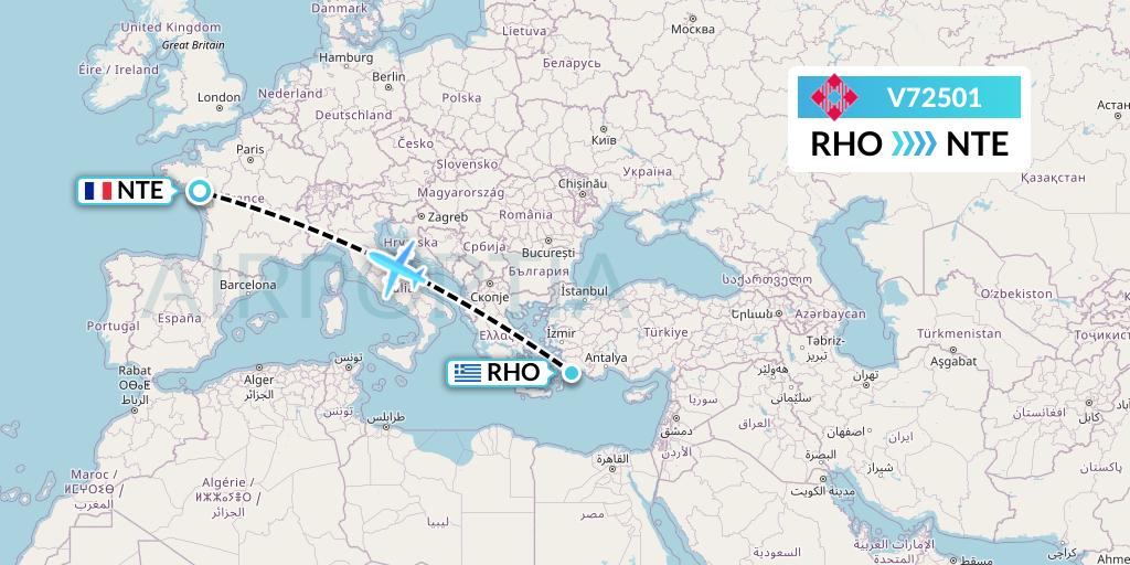 V72501 Volotea Flight Map: Rhodes to Nantes