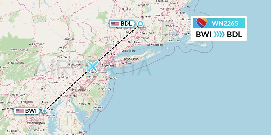 WN2265 Southwest Airlines Flight Map: Baltimore to Windsor Locks