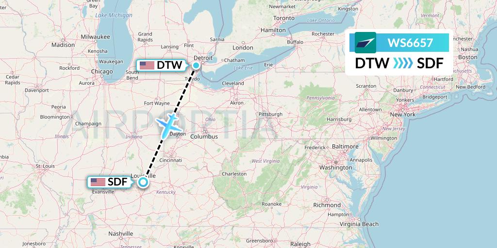 WS6657 WestJet Flight Map: Detroit to Louisville