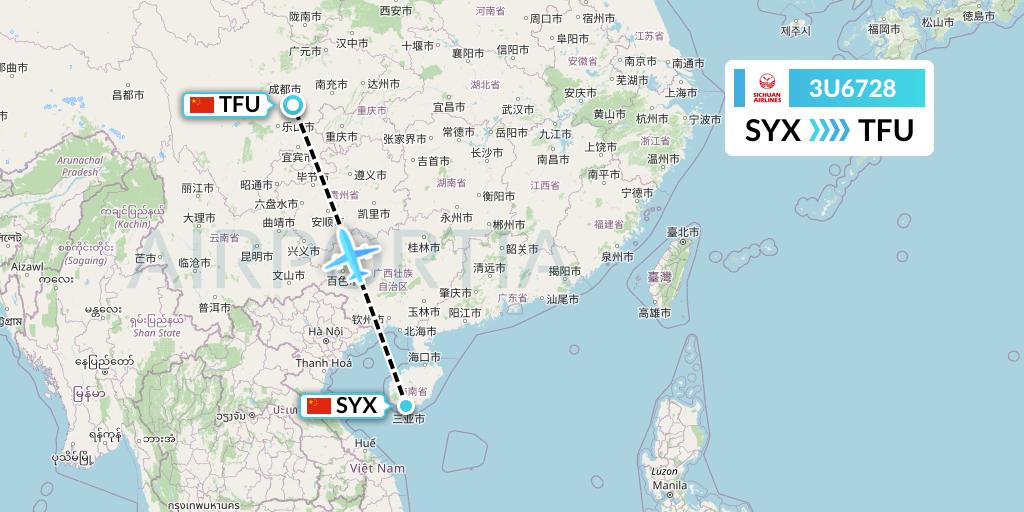 3U6728 Sichuan Airlines Flight Map: Sanya to Chengdu