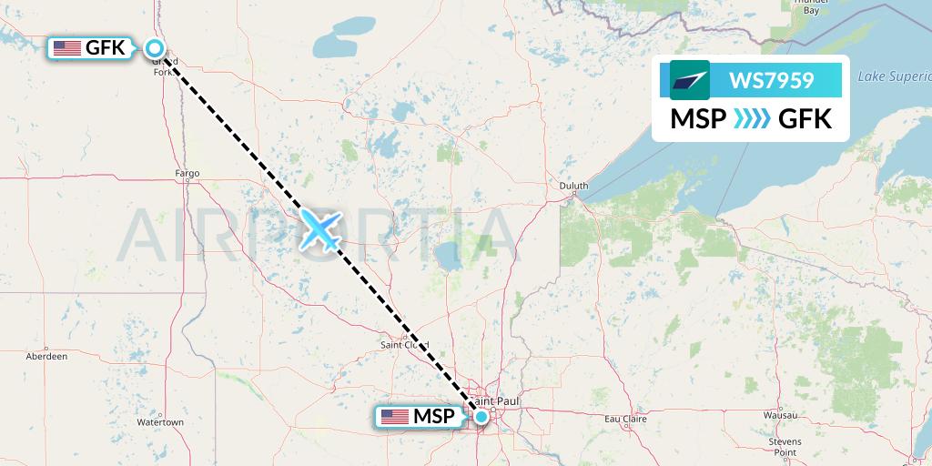 WS7959 WestJet Flight Map: Minneapolis to Grand Forks