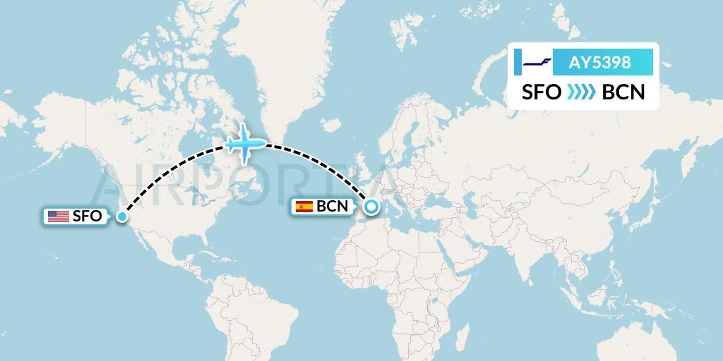 AY5398 Finnair Flight Map: San Francisco to Barcelona