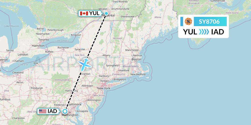 SY8706 Sun Country Airlines Flight Map: Montreal to Washington