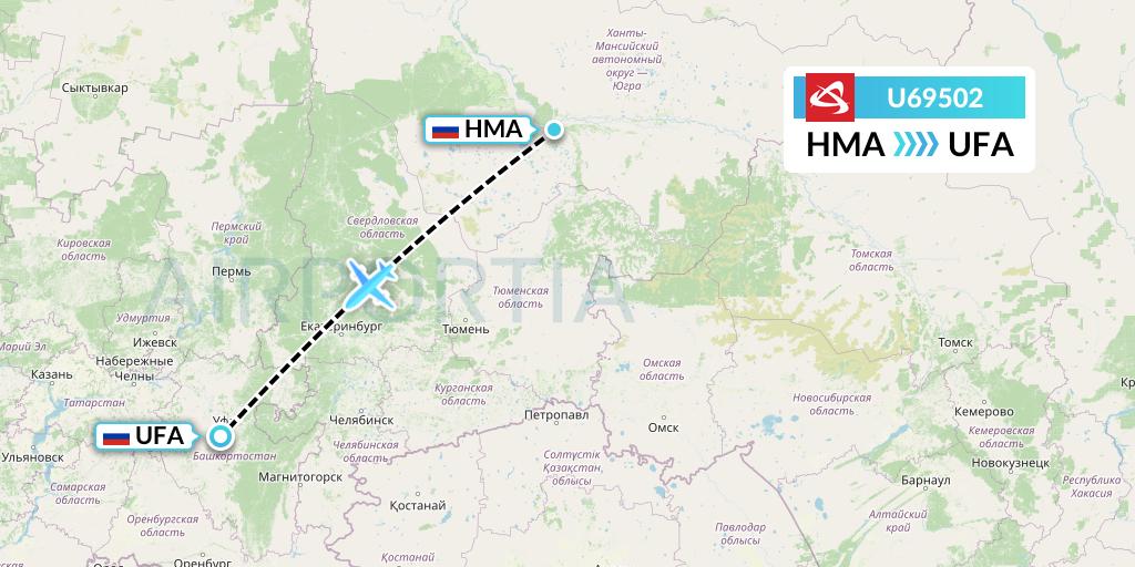 U69502 Ural Airlines Flight Map: Khanty-Mansiysk to Ufa