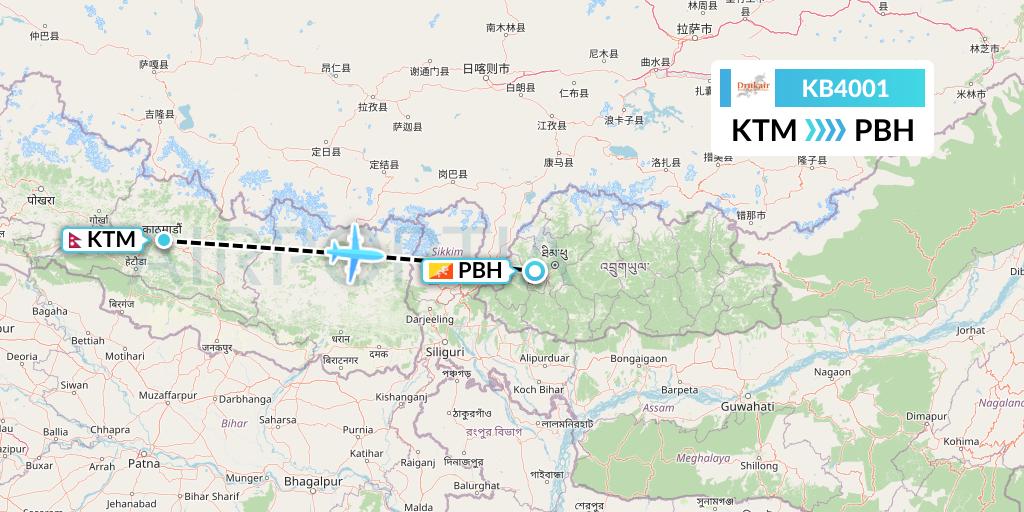 KB4001 Druk Air Flight Map: Kathmandu to Paro