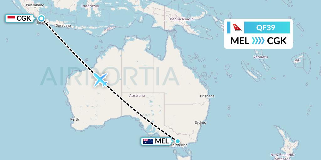 QF39 Qantas Flight Map: Melbourne to Jakarta