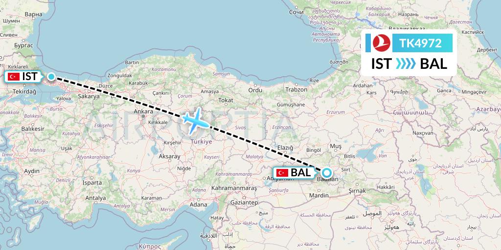 TK4972 Turkish Airlines Flight Map: Istanbul to Batman