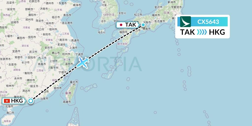 CX5643 Cathay Pacific Flight Map: Takamatsu to Hong Kong