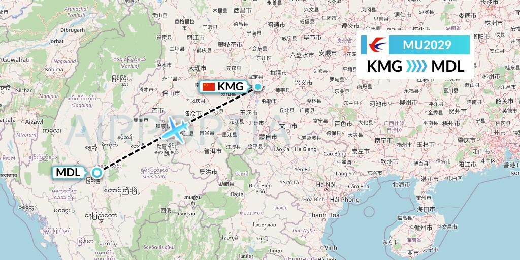 MU2029 China Eastern Airlines Flight Map: Kunming to Mandalay
