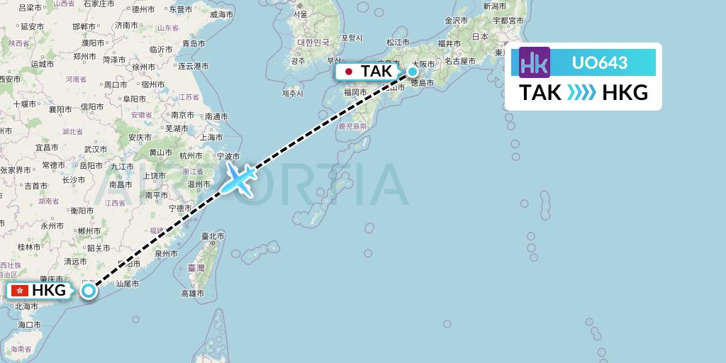 UO643 Hong Kong Express Flight Map: Takamatsu to Hong Kong