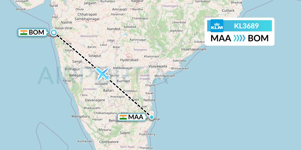 KL3689 KLM Flight Map: Chennai to Mumbai