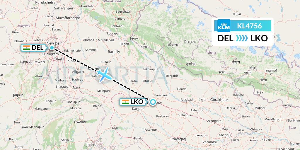 KL4756 KLM Flight Map: Delhi to Lucknow