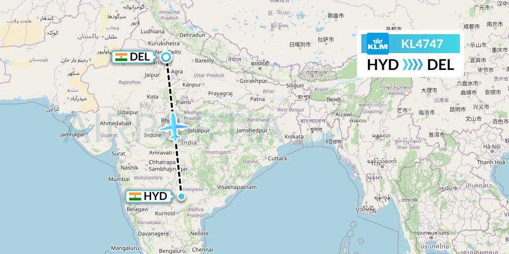 KL4747 KLM Flight Map: Hyderabad to Delhi