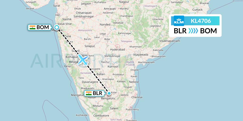 KL4706 KLM Flight Map: Bangalore to Mumbai
