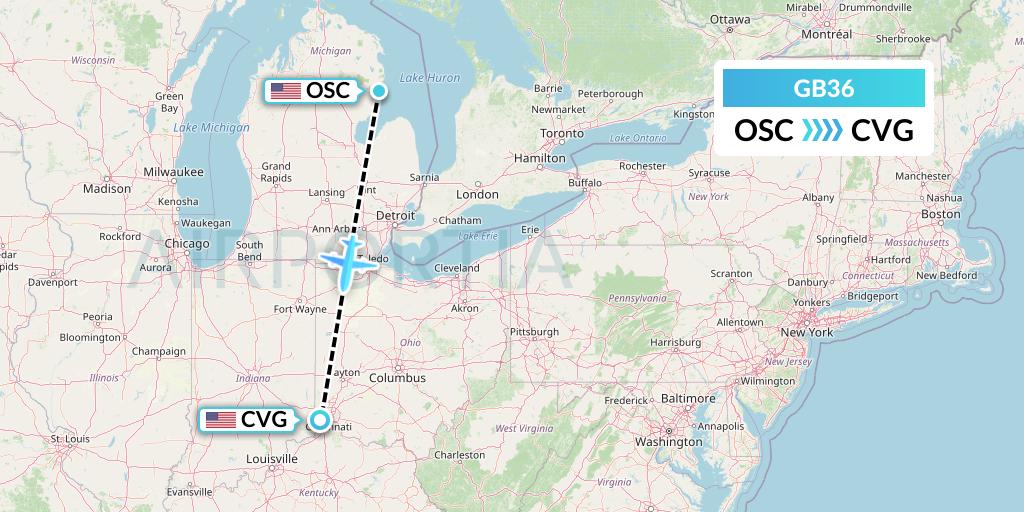 GB36 ABX Air Flight Map: Oscoda to Cincinnati
