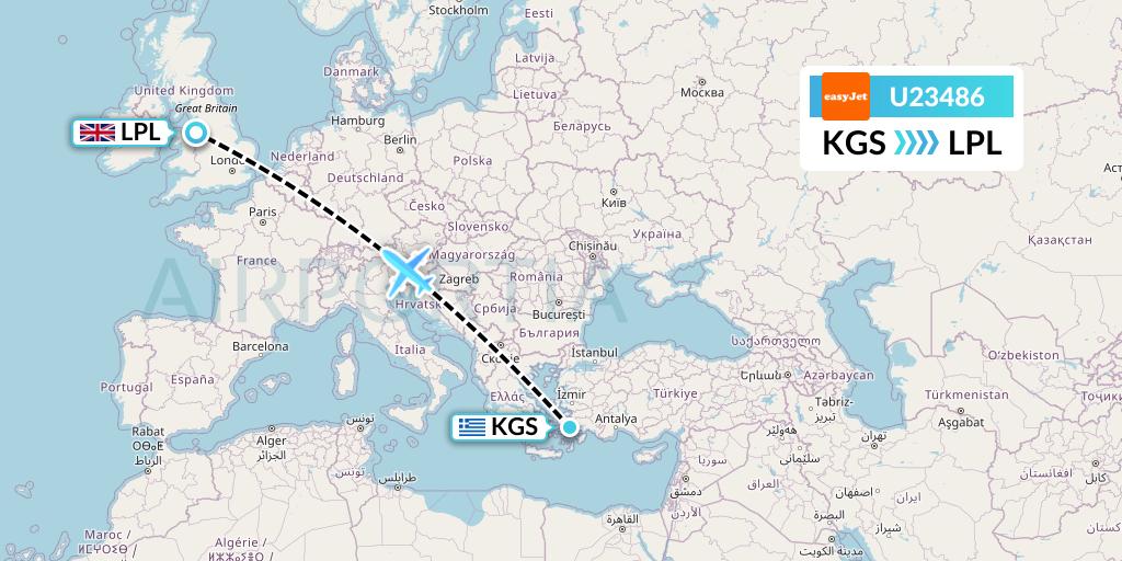 U23486 EasyJet Flight Map: Kos to Liverpool