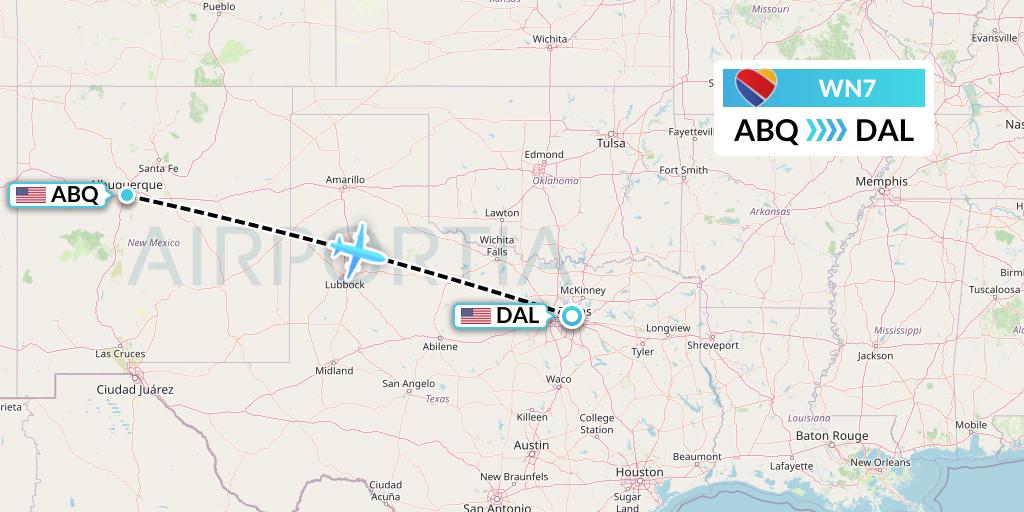 WN7 Southwest Airlines Flight Map: Albuquerque to Dallas