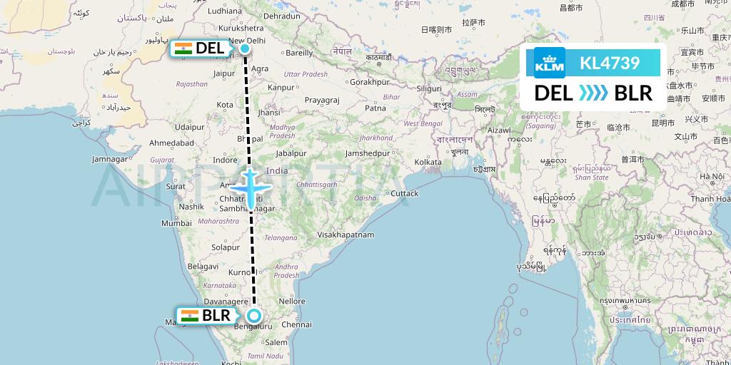 KL4739 KLM Flight Map: Delhi to Bangalore