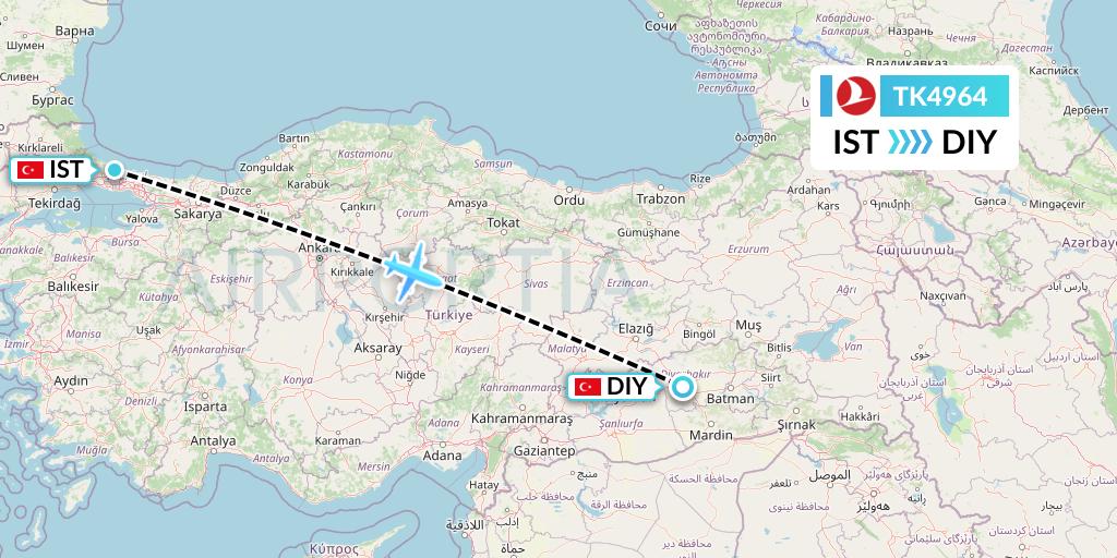 TK4964 Turkish Airlines Flight Map: Istanbul to Diyarbakir