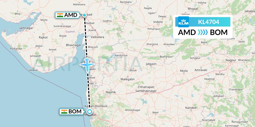 KL4704 KLM Flight Map: Ahmedabad to Mumbai