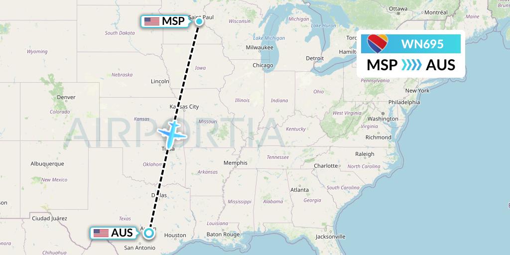 WN695 Southwest Airlines Flight Map: Minneapolis to Austin