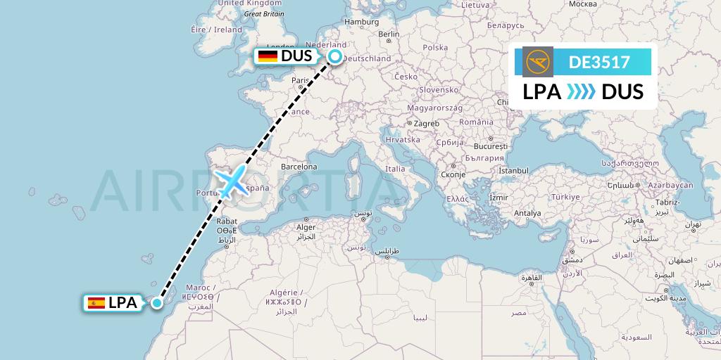 DE3517 Condor Flight Map: Las Palmas to Dusseldorf