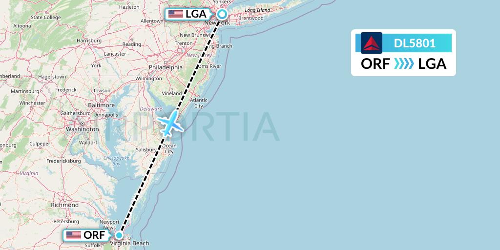 DL5801 Delta Air Lines Flight Map: Norfolk to New York