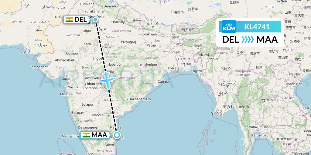 KL4741 KLM Flight Map: Delhi to Chennai