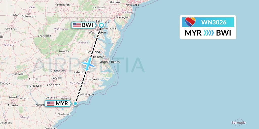 WN3026 Southwest Airlines Flight Map: Myrtle Beach to Baltimore