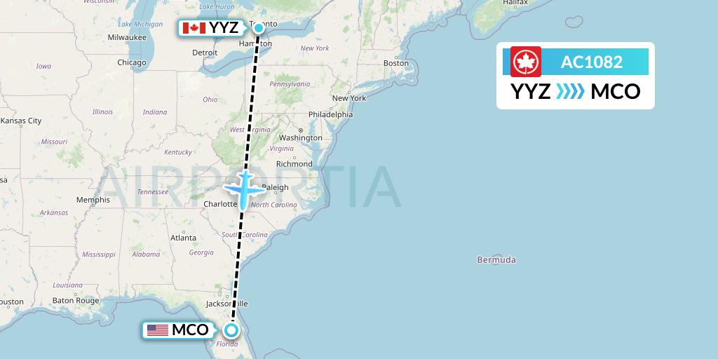 AC1082 Air Canada Flight Map: Toronto to Orlando