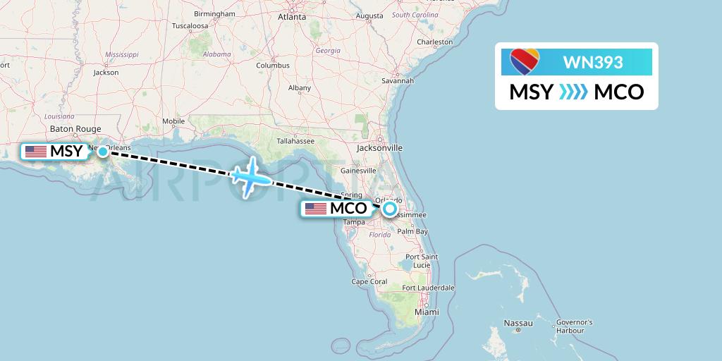 WN393 Southwest Airlines Flight Map: New Orleans to Orlando