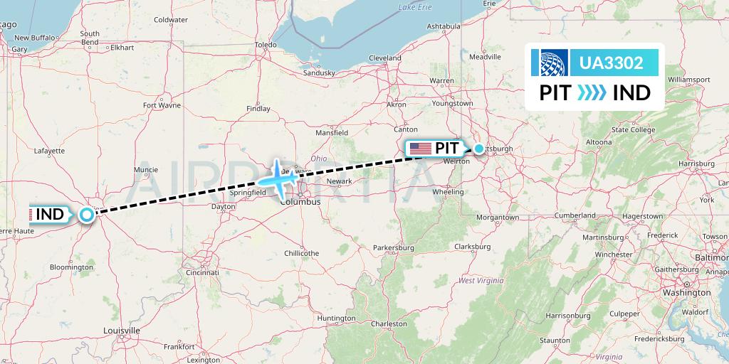 UA3302 United Airlines Flight Map: Pittsburgh to Indianapolis