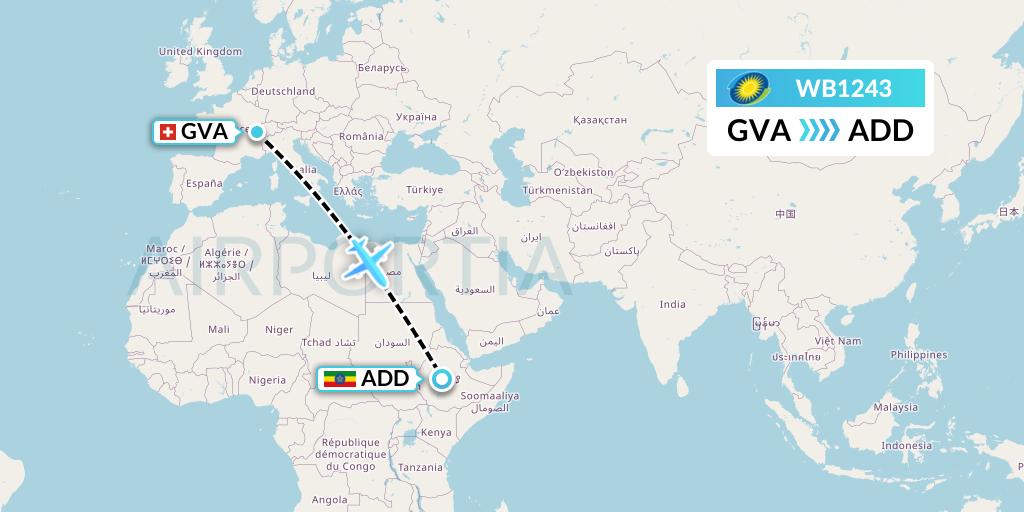 WB1243 RwandAir Flight Map: Geneva to Addis Ababa