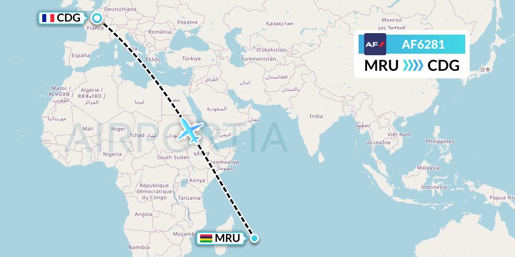 AF6281 Air France Flight Map: Port Louis to Paris