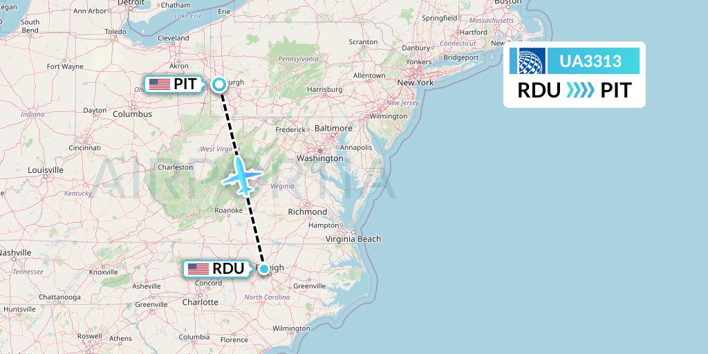 UA3313 United Airlines Flight Map: Raleigh-Durham to Pittsburgh