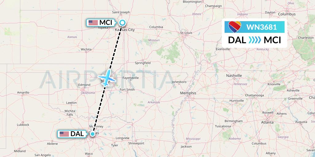 WN3681 Southwest Airlines Flight Map: Dallas to Kansas City