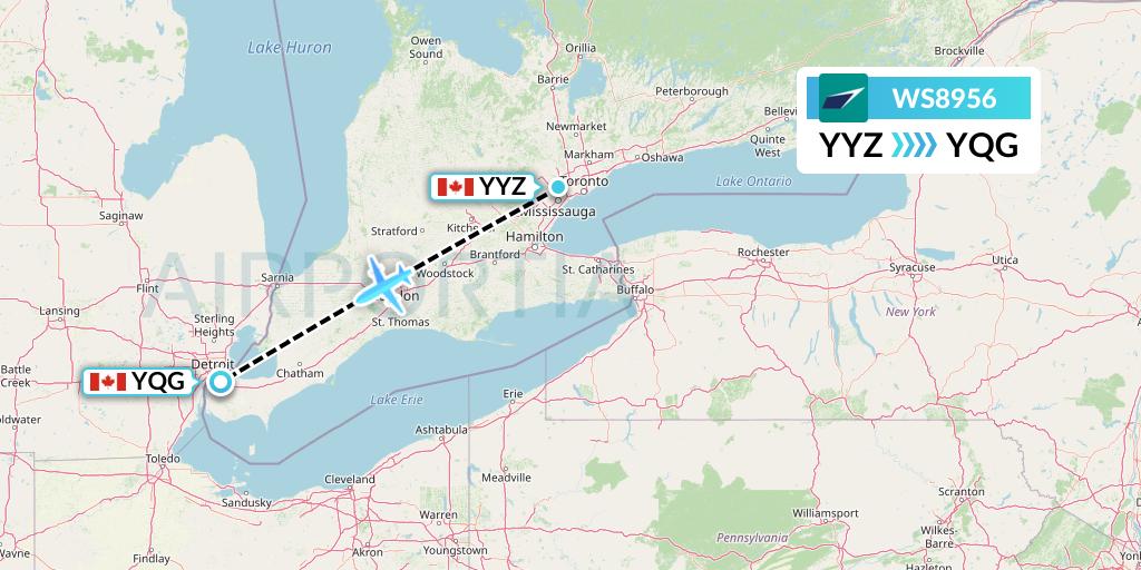 WS8956 WestJet Flight Map: Toronto to Windsor