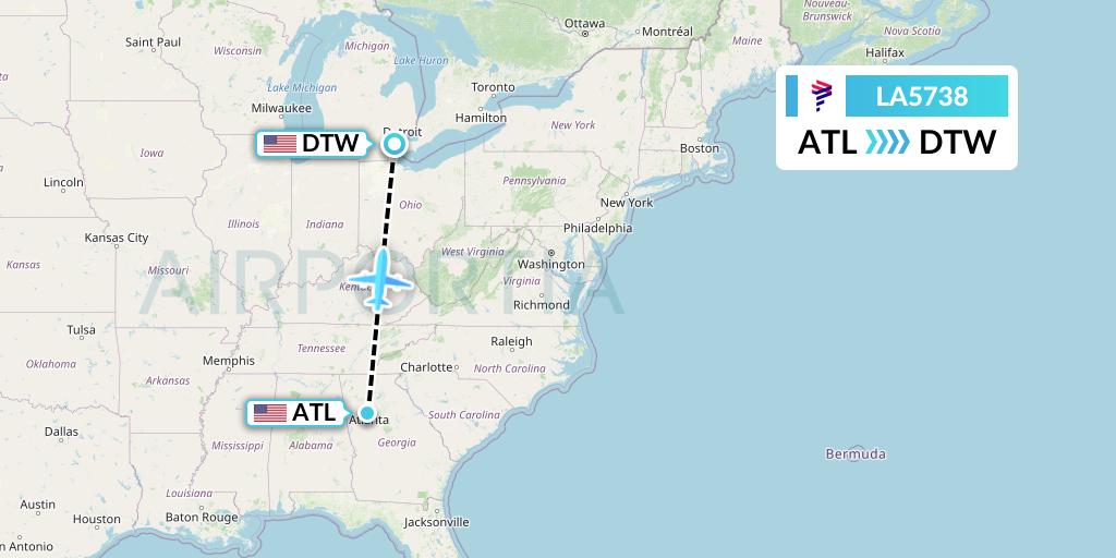 LA5738 LAN Airlines Flight Map: Atlanta to Detroit